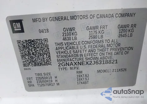 2018 Chevrolet Equinox Premier из США, поврежденный, VIN 2GNAXNEX2J6318821